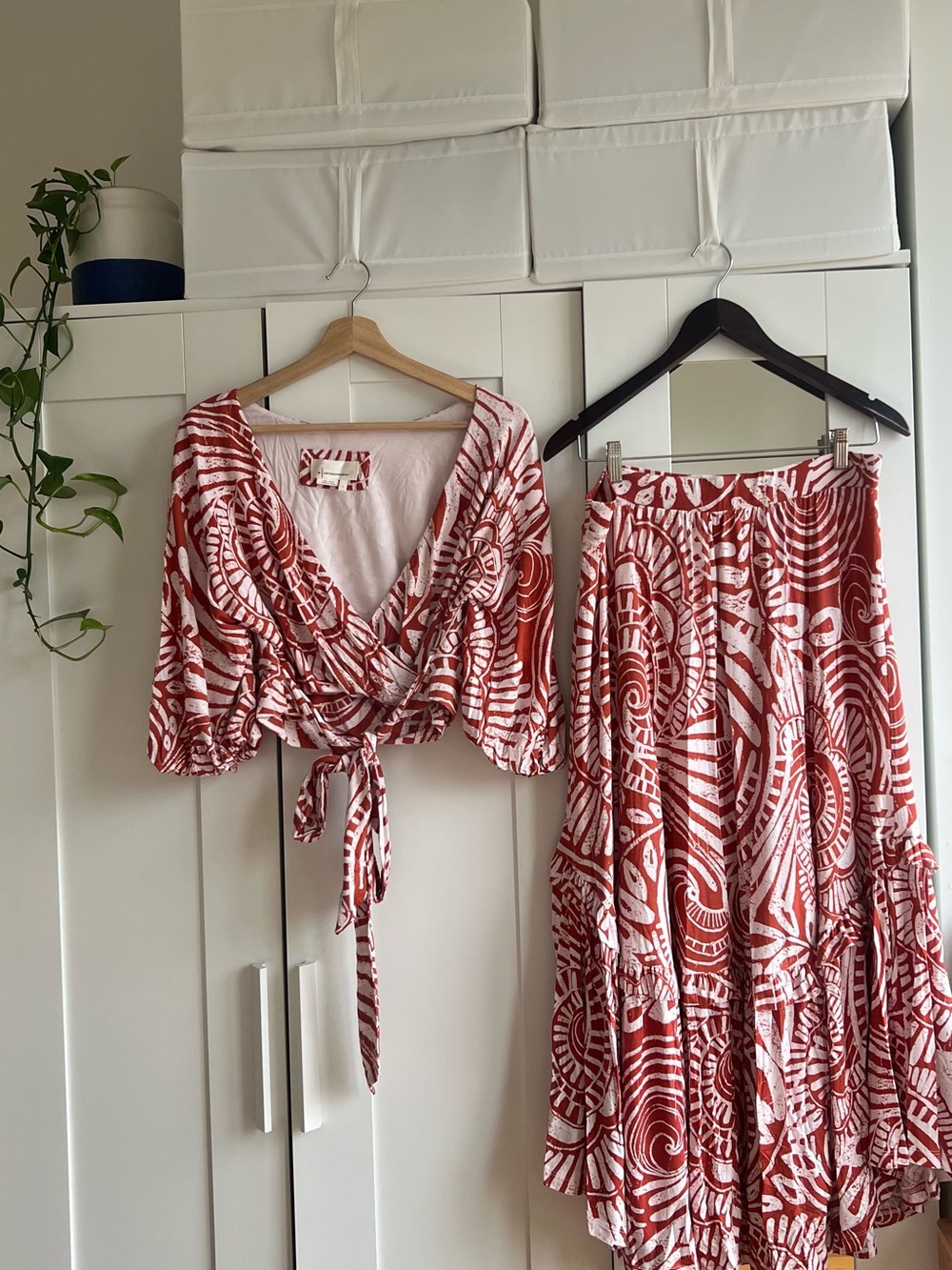 Anthropologie Set - Red & White Printed Wrap Top and Maxi Skirt Set
